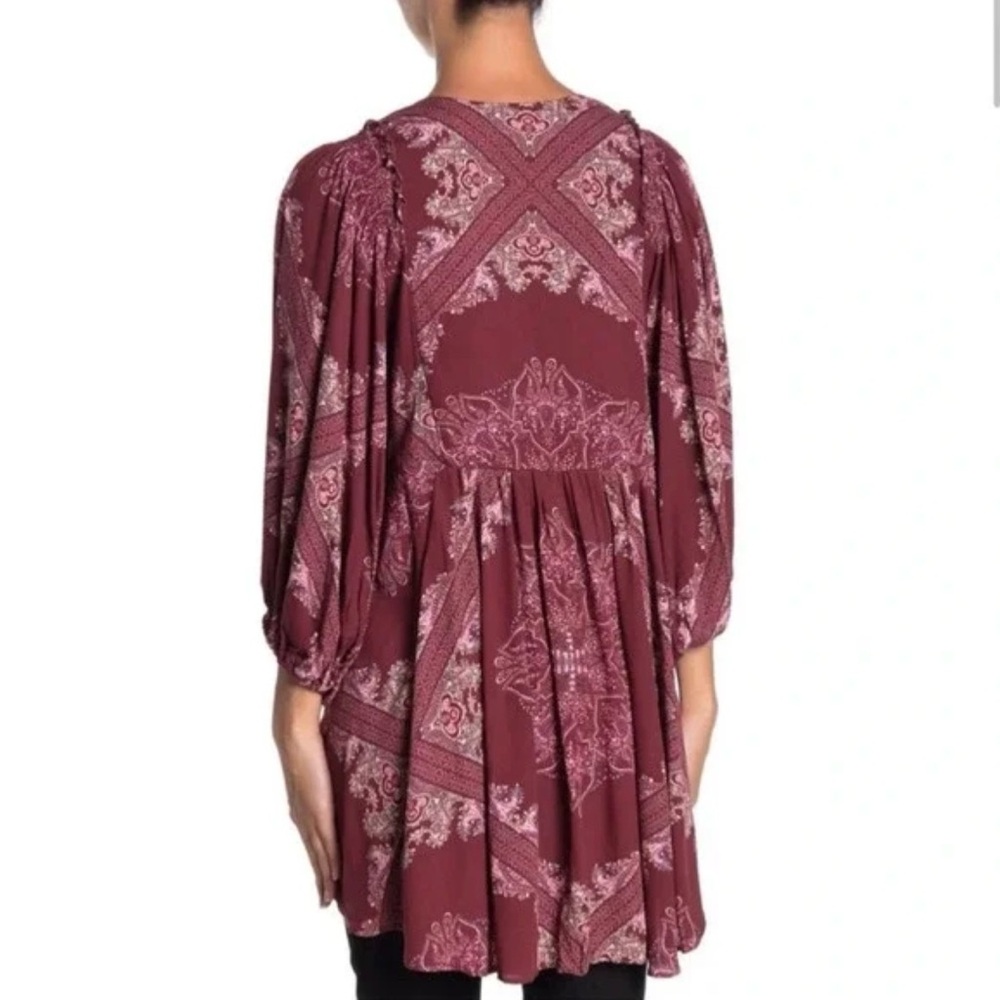 Free People Paisley Balloon Sleeve Burgundy Boho Tunic - Picture 2 of 5